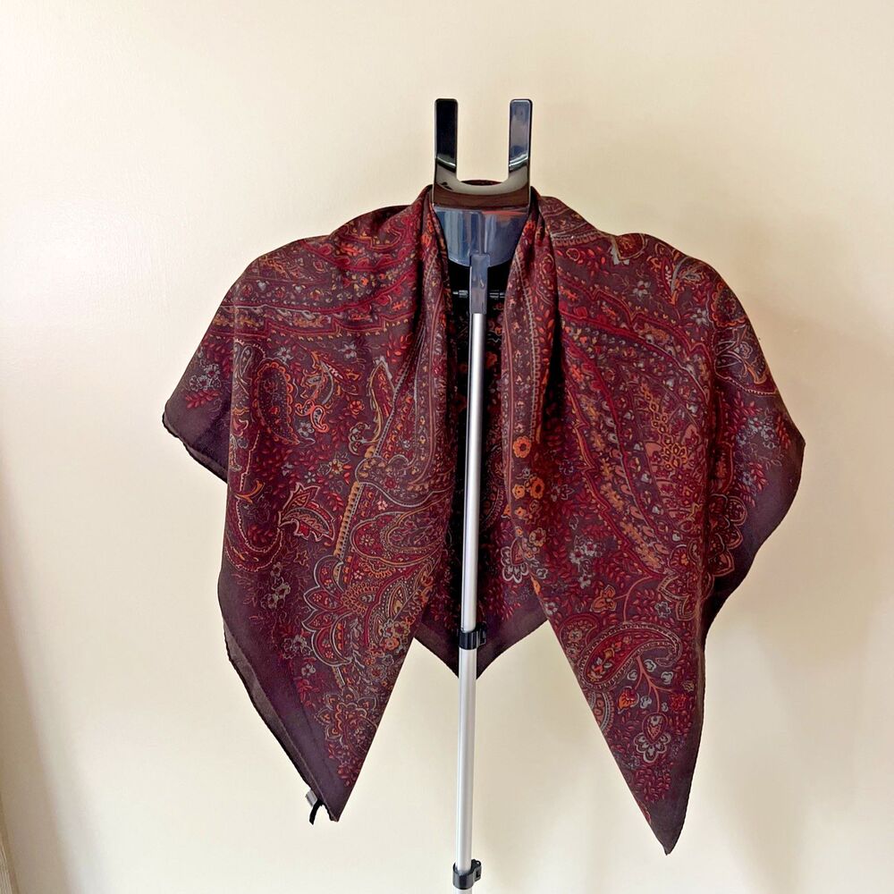 Talbots 44” x 44” Black Brown Burgundy Blue 80% Wool 20 Silk Paisley Print Scarf - Picture 2 of 6